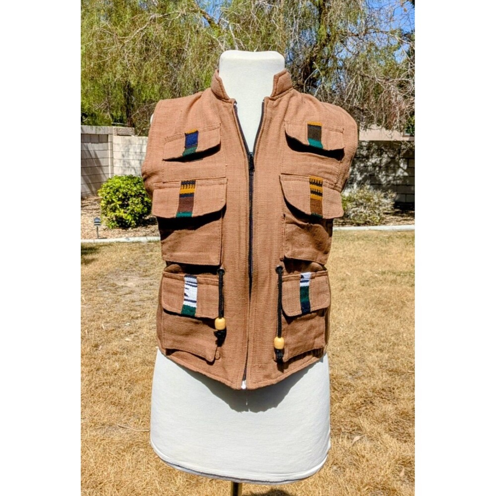 Vintage Tassle Guatemalan Brown Multicolor 6-Pocket Cargo Zip-up Vest Small NOS